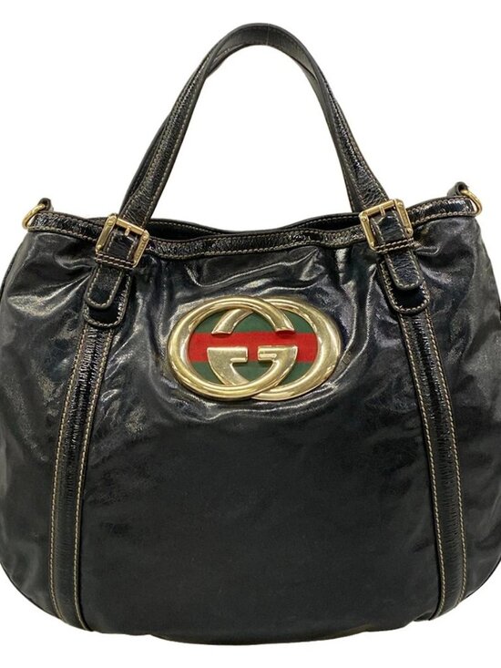 Gucci Handbags - GUCCI Britt 162886 Black Coated Canvas Patent Leather Tote Bag